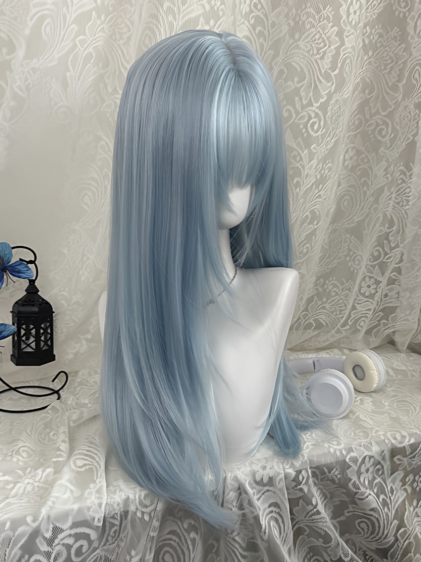 Perruque longue et droite bleu - Anime Cosplay Thick avis et prix